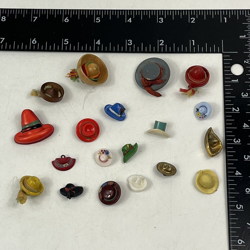 Vintage Figural Hat Buttons Lot 19pc Collection Wood Glass Metal Celluloid